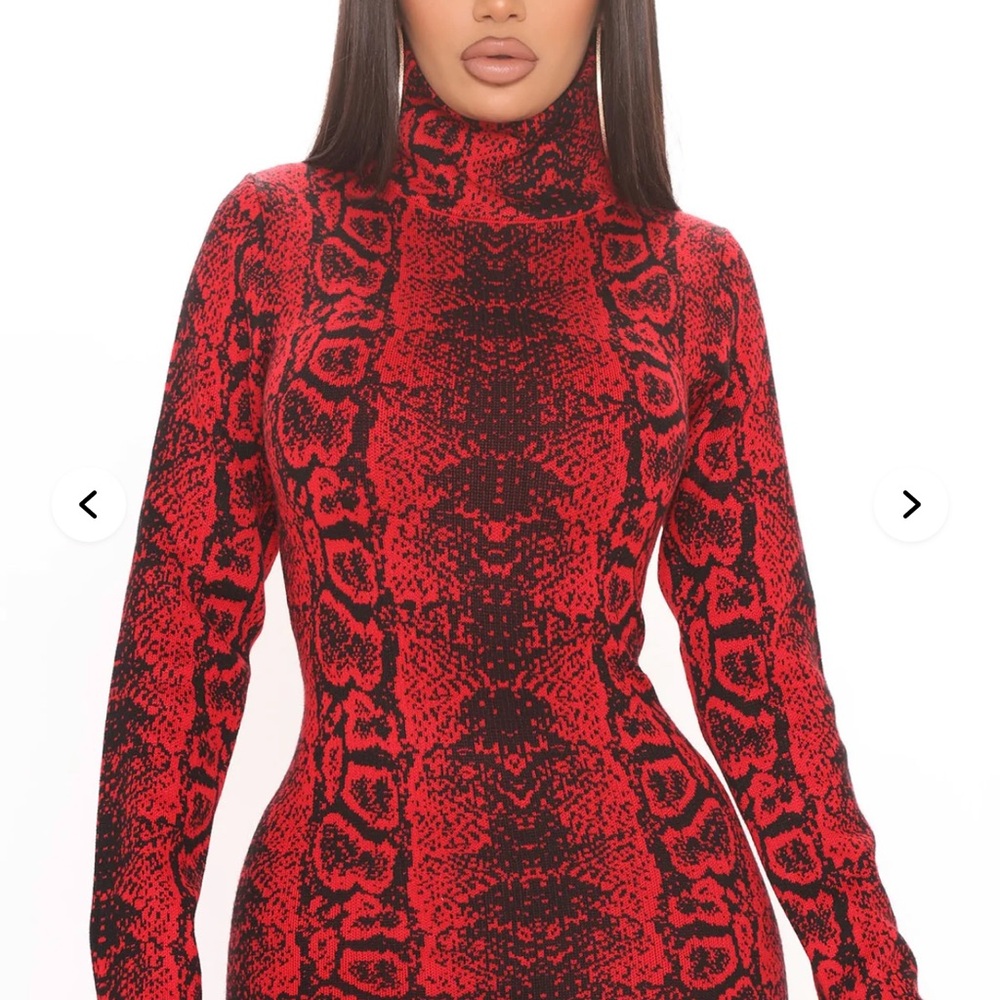 Red and Black Snake Print Turtleneck Dress